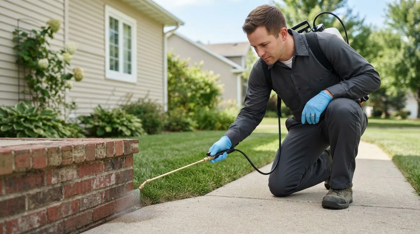 Pest control technician treating a home near Bridgeport, OH